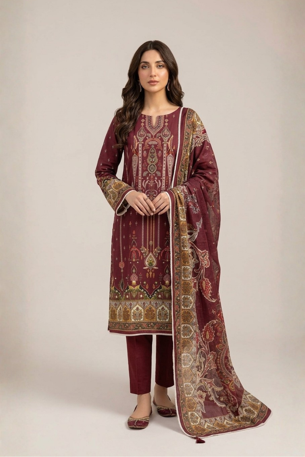 US-3PC-1004 - Printed Lawn Suit - Unstitched