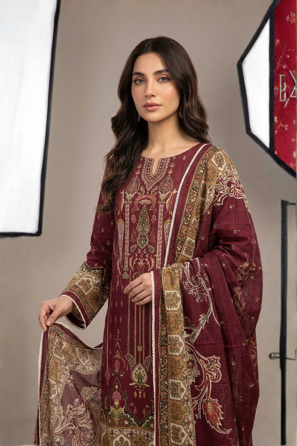 US-3PC-1004 - Printed Lawn Suit - Unstitched
