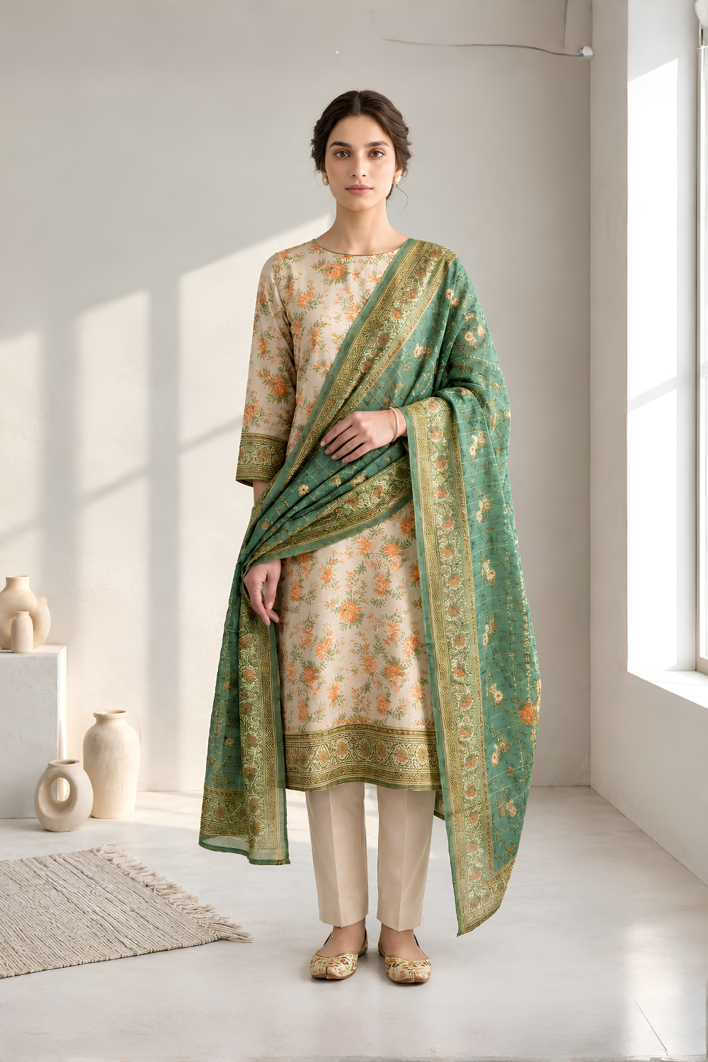US-3PCS-1053 - Printed Zari Lawn - Unstitched