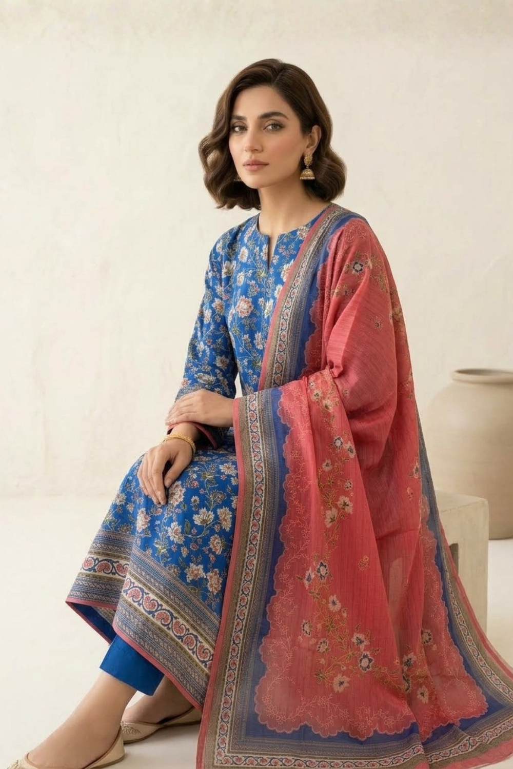 US-3PCS-1054 - Printed Zari Lawn - Unstitched