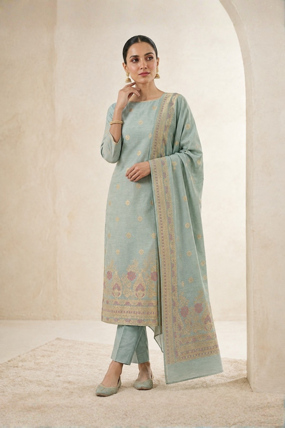 US-3PCS-1050 - Printed Jacquard Suit - Unstitched