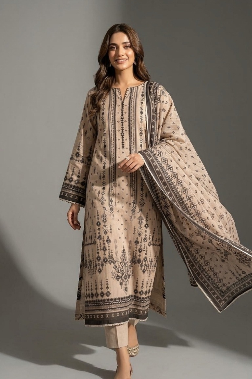 US-3PC-1006 - Printed Lawn Suit - Unstitched